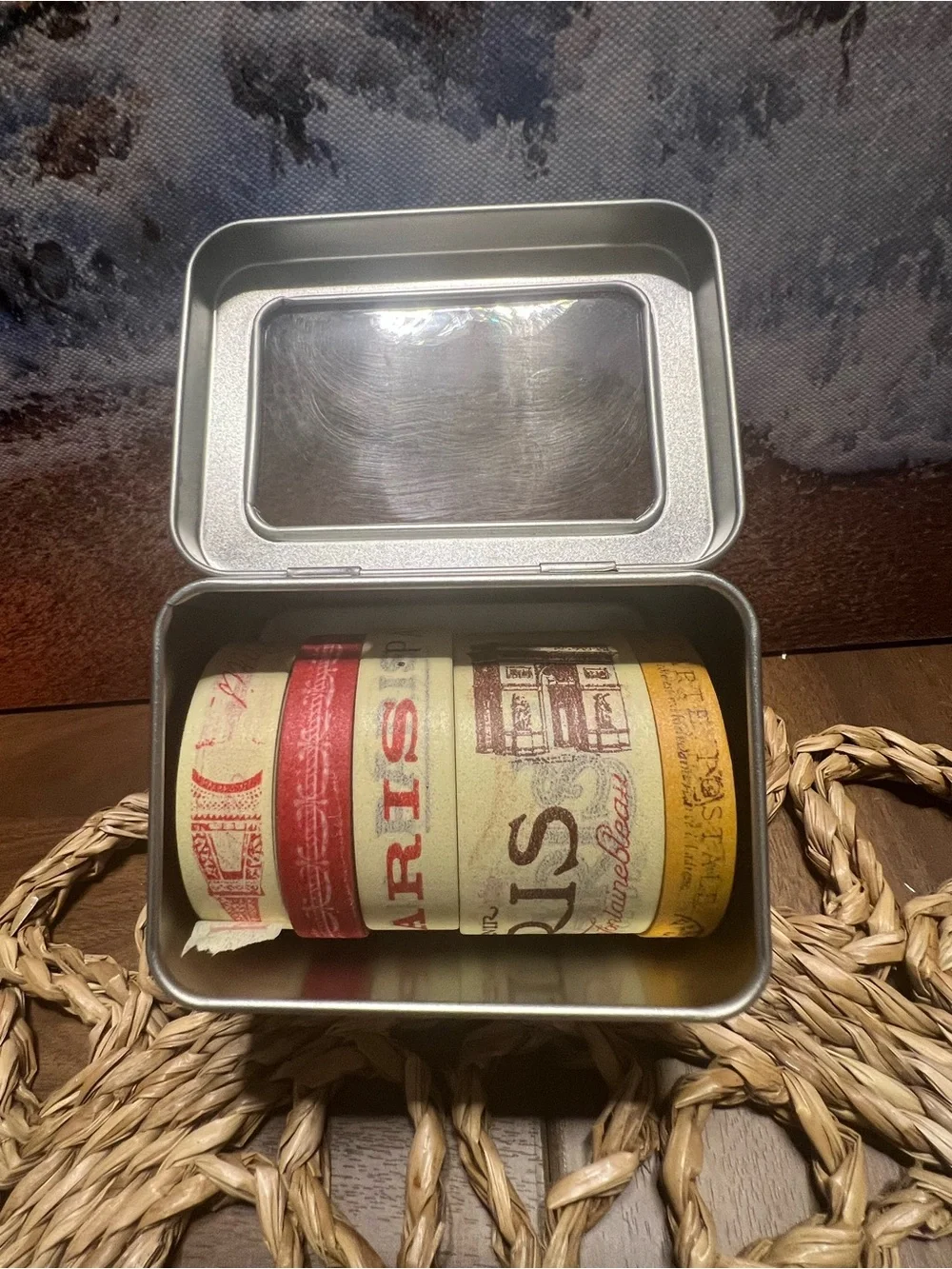 Paris Themed Decorative Tin with Red and Cream Labels